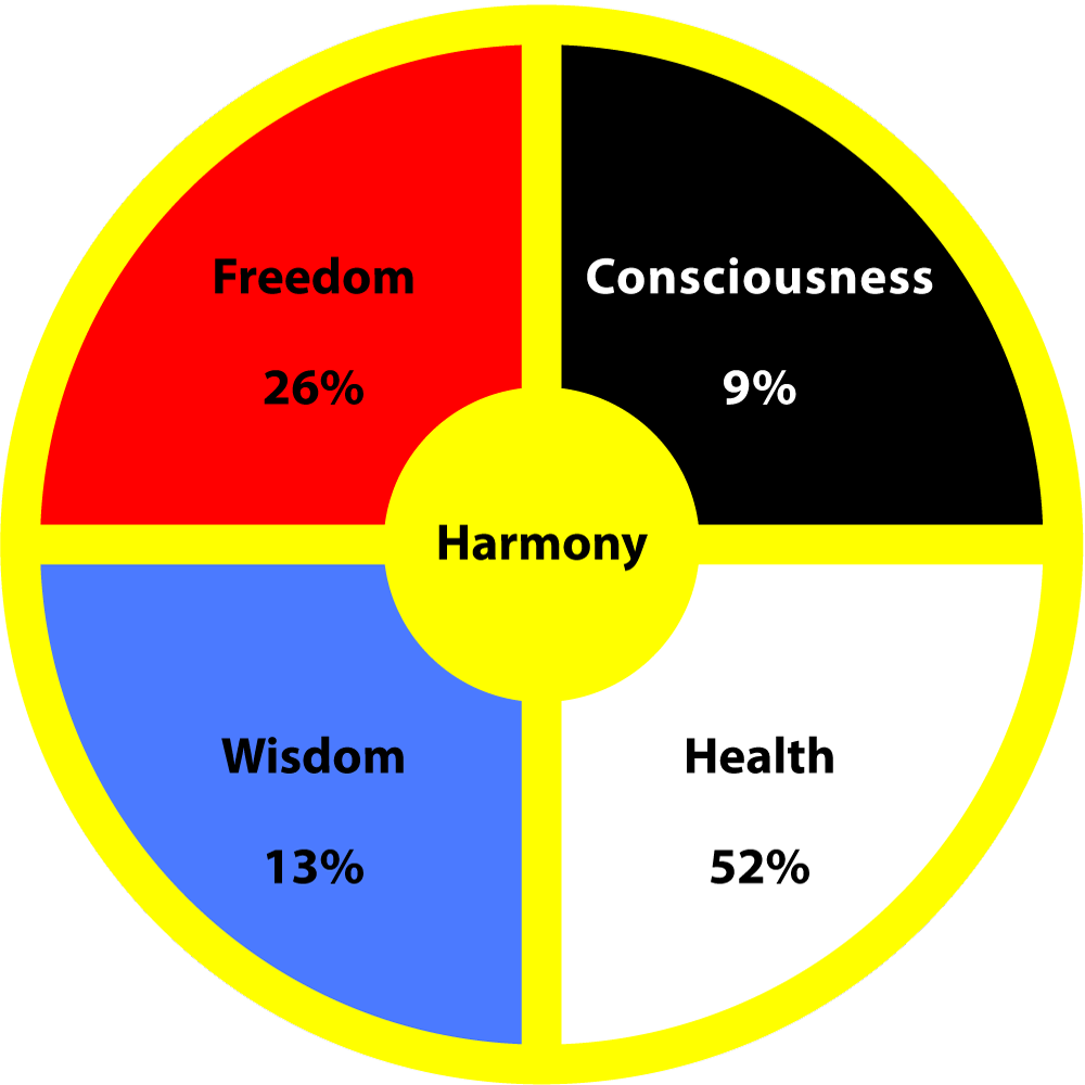 Nawi Ollin Teotl of Harmony, represented by circle divided into 4 quadrants and corresponding meaning: Health, 52%; Freedom, 26%; Wisdom, 13%, and Consciousness, 9%.